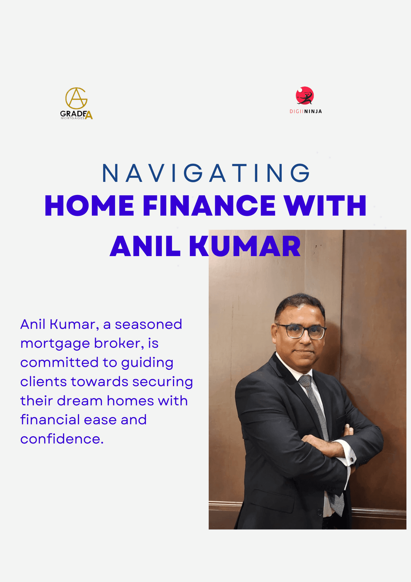 Promotional image for home finance services featuring a suited man with arms crossed.