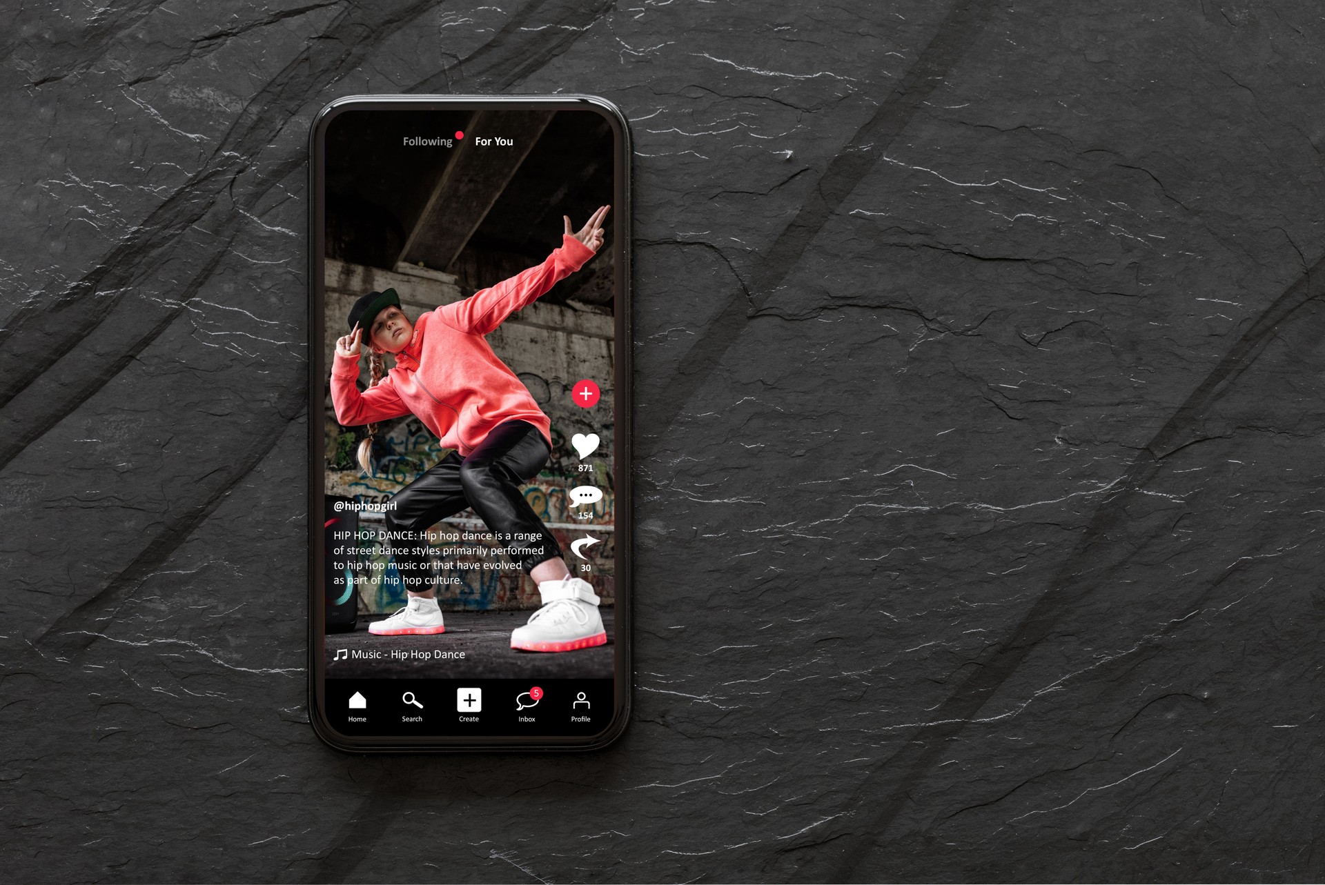 Sample video sharing app interface on mobile phone, concept of modern networking and creation of video content